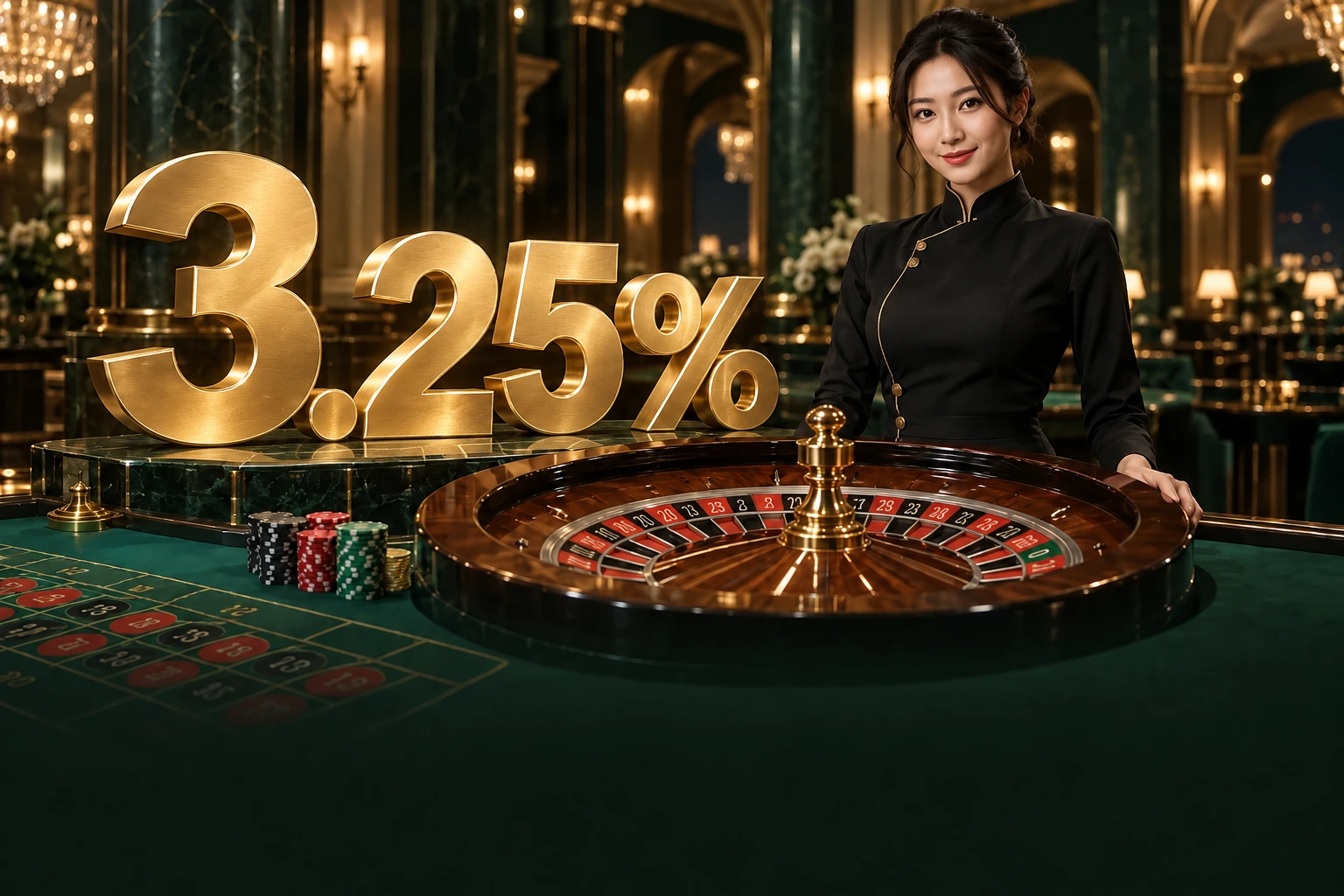 골드 3.25%와 룰렛 테이블 앞에 서 있는 딜러를 담은 AI 생성 카지노 이미지