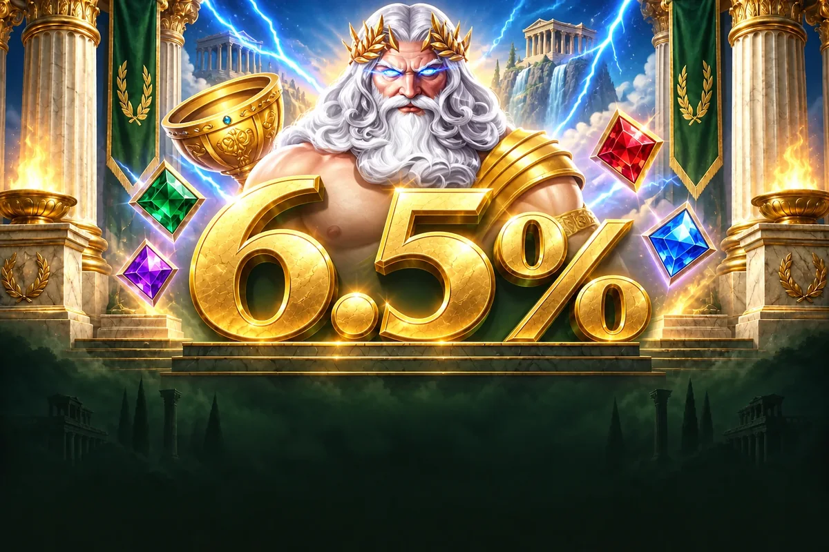 올림푸스 슬롯 캐릭터와 금색 입체 6.5%를 함께 표현한 보너스 배너